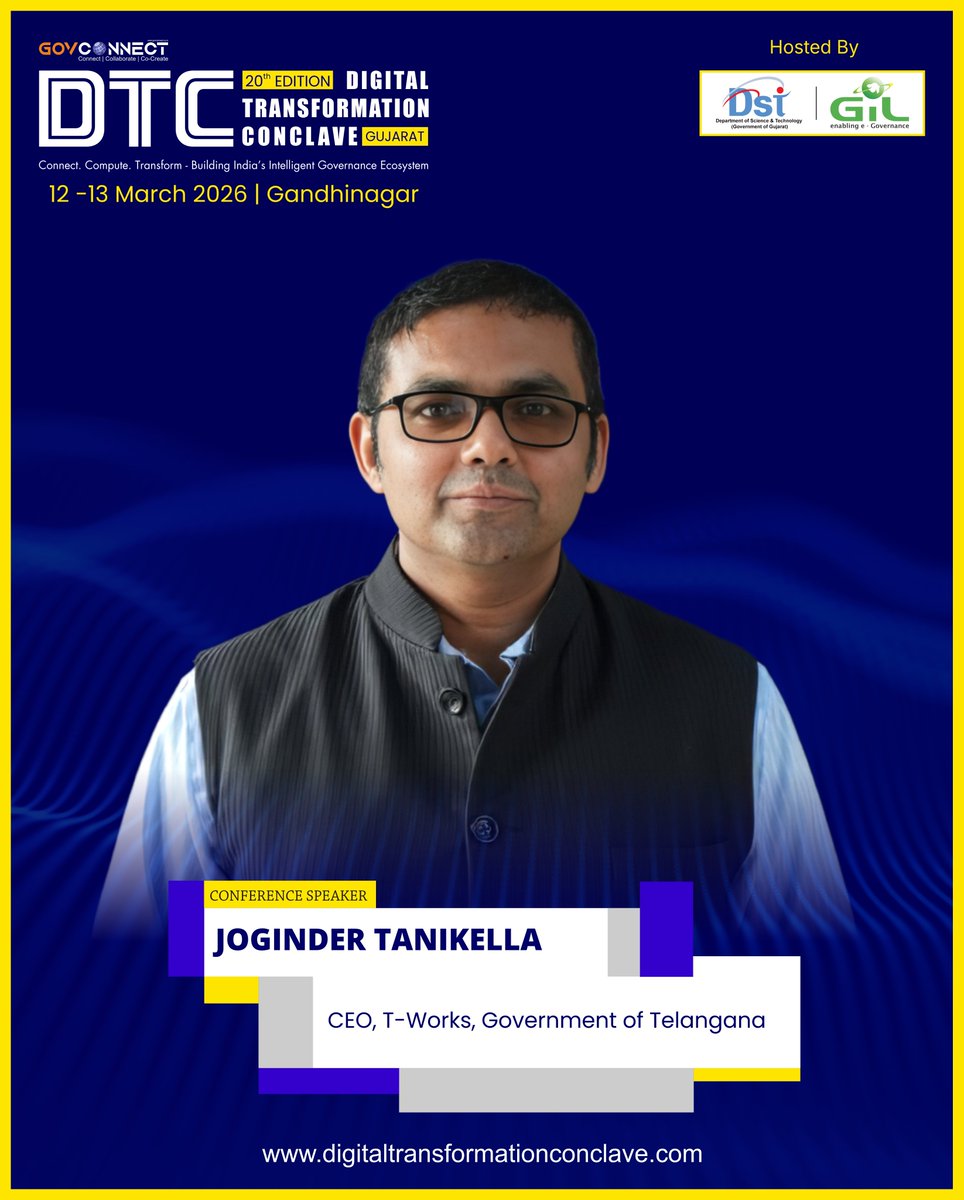 ilougemedia's tweet image. We are delighted to welcome @jogitanikella , CEO, T-Works, Government of Telangana, as a Speaker at the 𝟐𝟎𝐭𝐡 𝐃𝐢𝐠𝐢𝐭𝐚𝐥 𝐓𝐫𝐚𝐧𝐬𝐟𝐨𝐫𝐦𝐚𝐭𝐢𝐨𝐧 𝐂𝐨𝐧𝐜𝐥𝐚𝐯𝐞, Gandhinagar, Gujarat.

📅 12–13 March 2026
🌐 digitaltransformationconclave.com

#DTCGujarat #TWorks @TWorksHyd