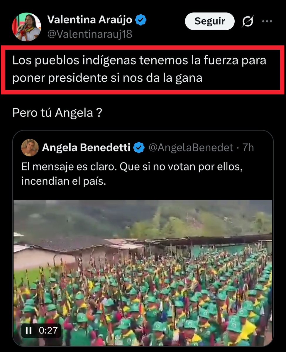 🇨🇴🚨🚨🚨 URGENTE:

La mano derecha de AIDA QUILCUE la vicepresidente de IVAN CEPEDA envía una AMENAZA al pueblo colombiano.

" Los pueblos indígenas tenemos la fuerza para poner PRESIDENTE si nos da la gana"

Que opina de esta amenaza ❓