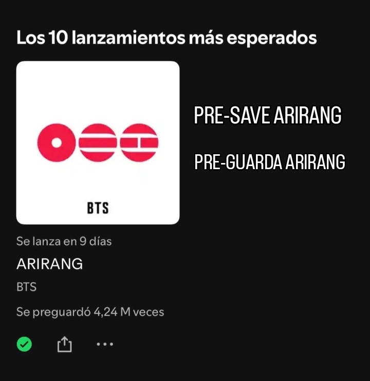 Si seguimos subiendo solo 50k pre-guardados diarios NO llegamos ni a 5M, tenemos 9 días 

ESTAMOS BAJÍSIMOS 😭

meta: 6M
actual: 4.24M 
gap: 1.76M ‼️

PRE SAVE ARIRANG
ARIRANG IS COMING
BTS IS COMING
#BTS_ARIRANG
#9DaysTillArirang