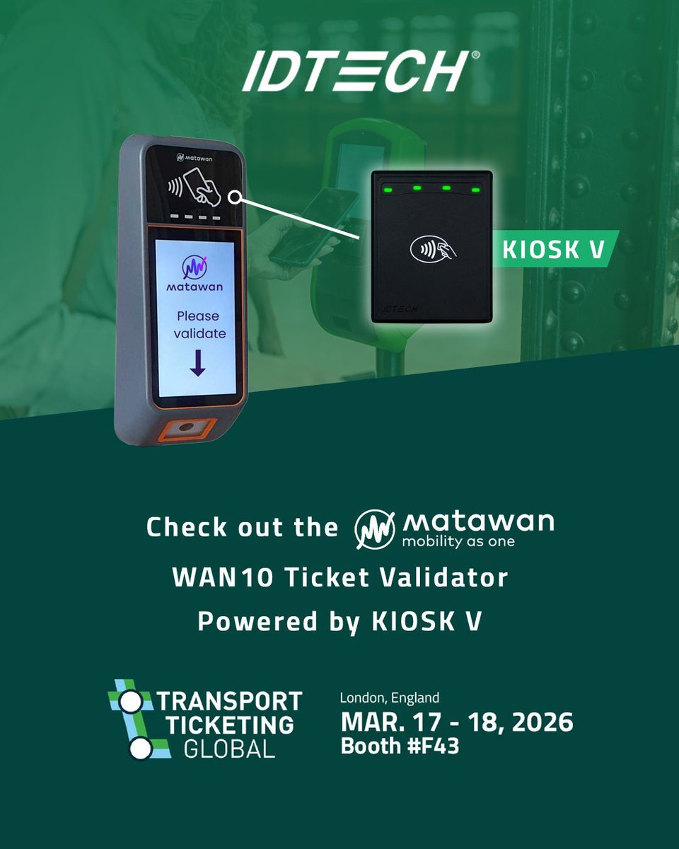 idtechproducts's tweet image. We’re excited to showcase our collaboration with Matawan at #TTG2026. Matawan’s WAN10 ticket validator now integrates ID TECH’s Kiosk V contactless payment reader. Stop by booth F43 to explore more.

 #IDTECH #weAreIDT #TransportTicketingGlobal