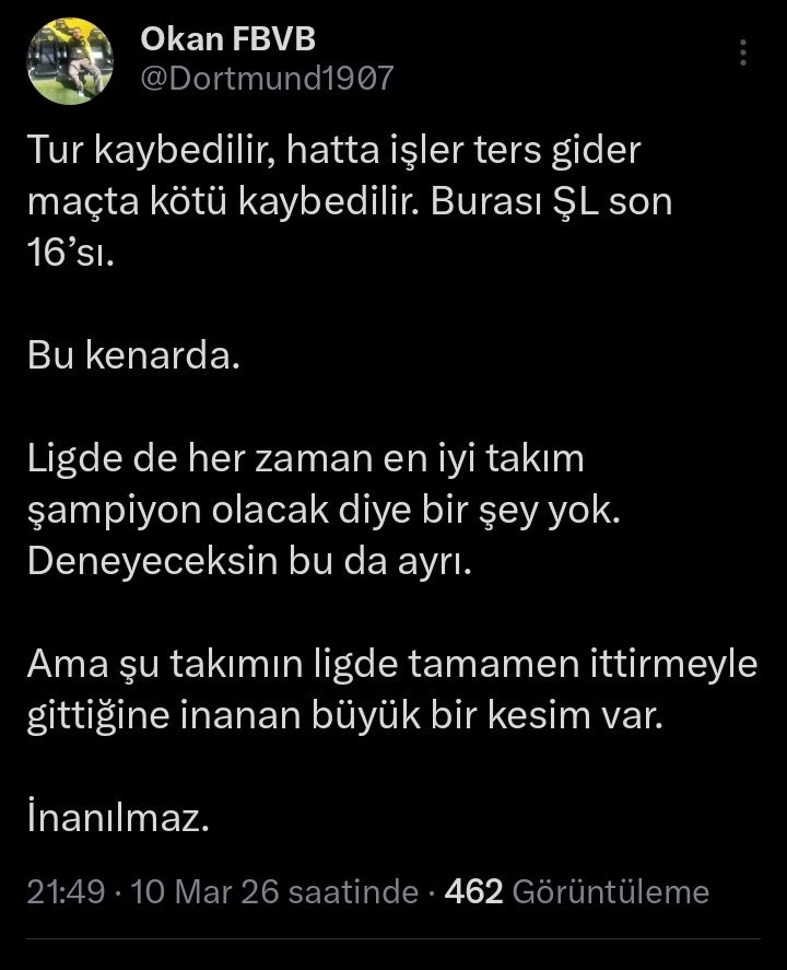 Galatasaray - Liverpool maçını izleyen Fenerbahçeli bir taraftarın yorumu:

"Ama şu takımın ligde tamamen ittirmeyle gittiğine inanan büyük bir kesim var. İnanılmaz."