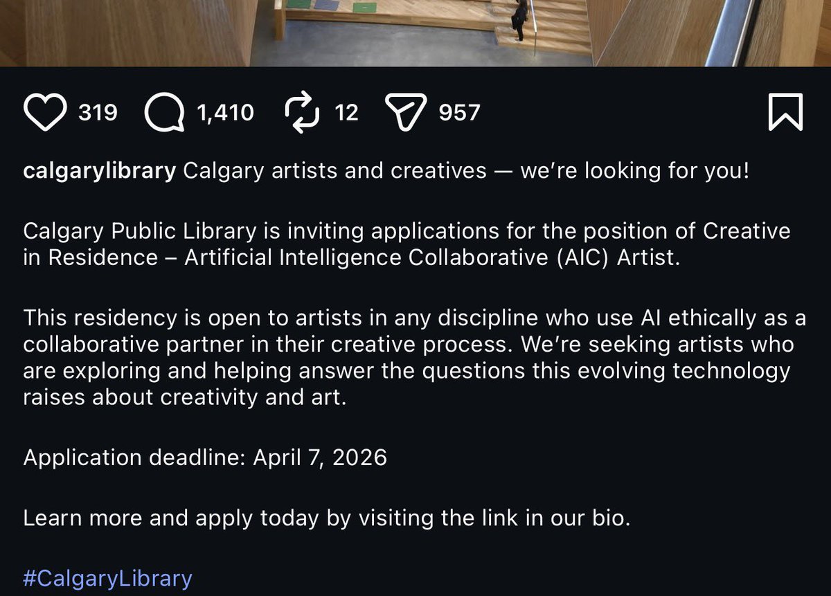 I’m so disappointed at the <a href="/calgarylibrary/">Calgary Public Library</a> for this. Do better! There’s no ethical use of AI in arts. LLMs are trained on stolen work from artists.