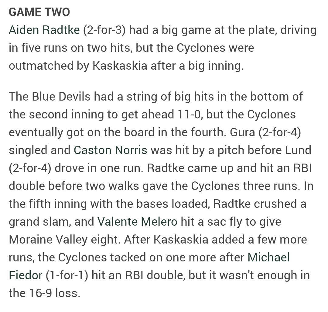 Outkasts2023's tweet photo. Have a game kid! Despite loss @RadtkeAiden with a grand slam and 5 RBI's! #CGBA #NJCAA #MoraineValleyCyclonesBaseball https://t.co/xaTfBvfLhJ
