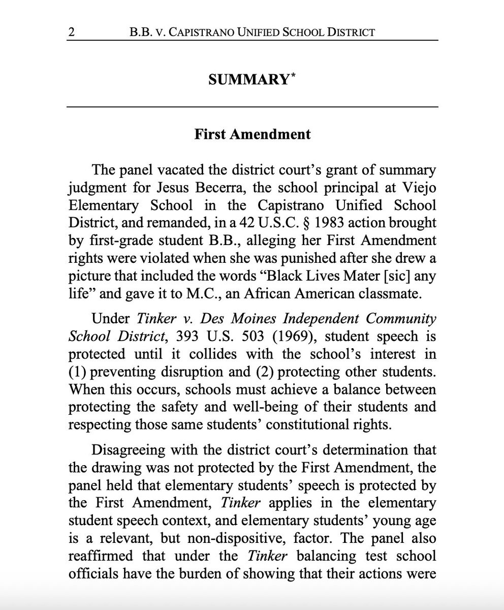 LauraPowellEsq's tweet photo. 🚨 BREAKING UPDATE

In a unanimous opinion, the 9th Circuit Court of Appeals upholds the free speech rights of the first grader who was punished for writing “Black Lives Mater any life.” 👏👏👏 https://t.co/Gu0AIGo3R7