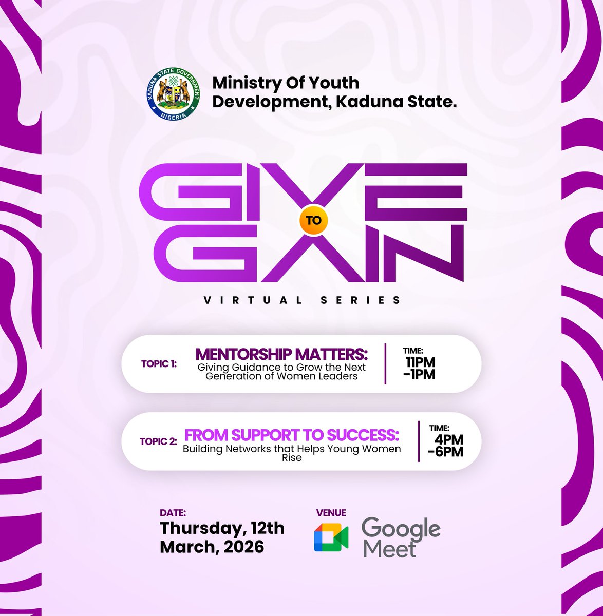 KDSG_MOYD's tweet photo. Celebrate #IWD2026 with a Virtual Series!
The Min. of Youth Development, is hosting a day of mentorship and networking aimed at fostering leadership, growth, and success among young women.
📅 12/03/2026
📍 Google Meet
🕒 11AM &amp; 4PM

#GiveToGain #KadunaYouths #WomenInLeadership https://t.co/4E7VLW28Qm