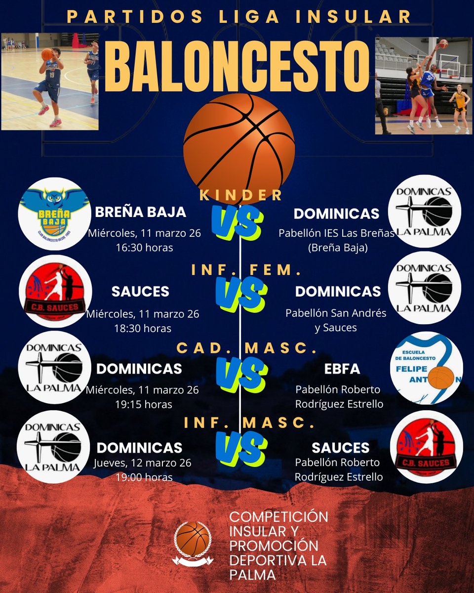 DominicasPalma's tweet photo. Partidos de la semana, del 9 al 15 de marzo. VAMOS DOMINICAS ‼️👍🏻👏🏻💪🏻🏀 https://t.co/t05Sc3xxmG