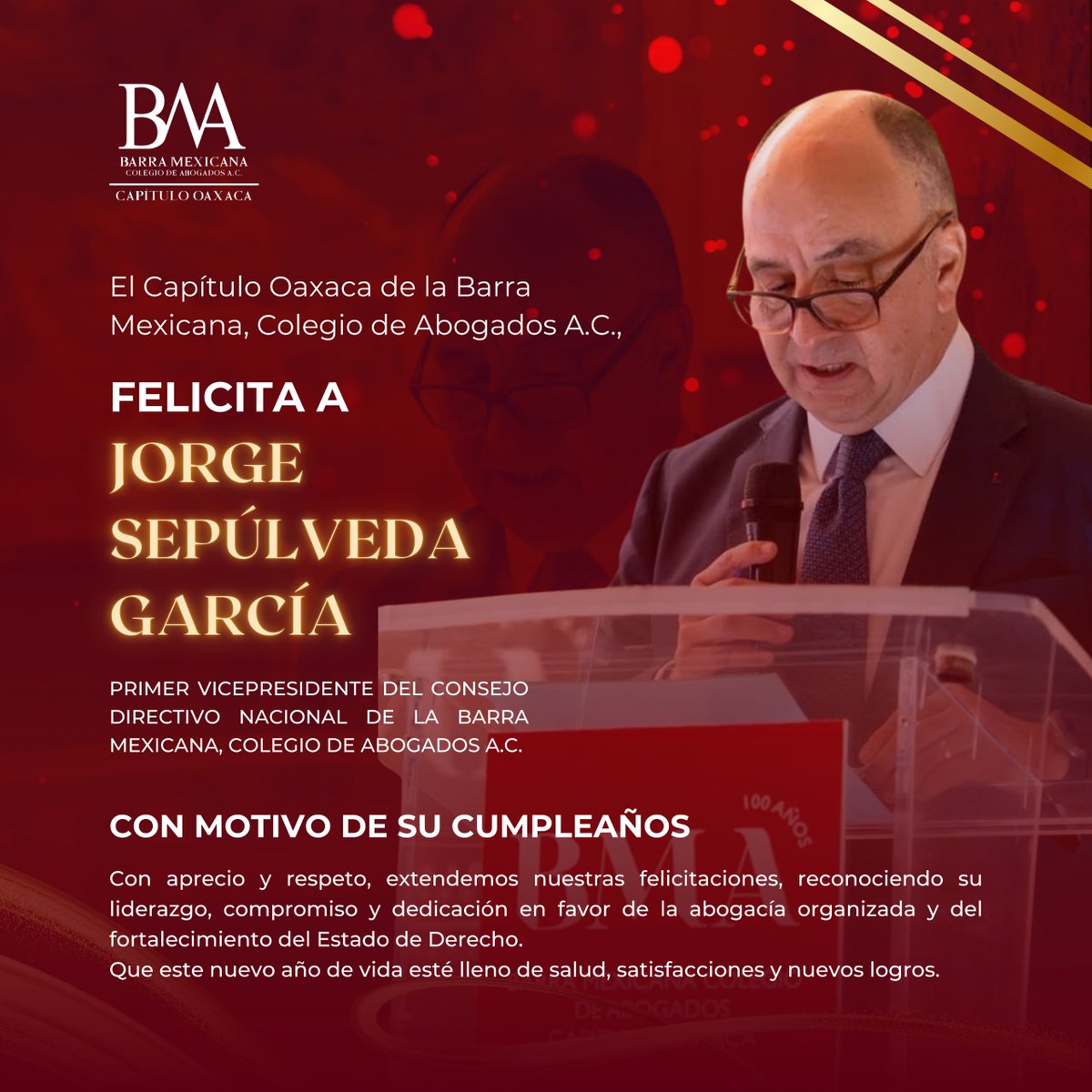 Desde el Capítulo Oaxaca de la Barra Mexicana, Colegio de Abogados A.C., reconocemos su liderazgo, compromiso y dedicación.

Que este nuevo año esté lleno de salud, crecimiento y grandes satisfacciones.

¡Feliz cumpleaños! 🎊

#BMA #CapituloOaxaca #AbogacíaOrganizada #Liderazgo