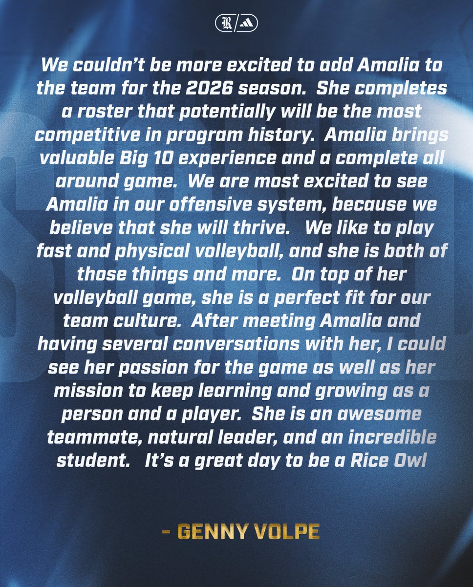 RiceVolleyball's tweet photo. Welcome to South Main, Amalia Simmons 💙

#GoOwls 👐 https://t.co/UGWR0lCq5y