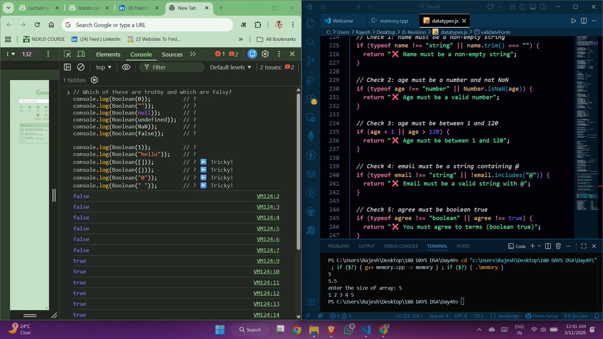 SkChaudhary45's tweet image. 🔥 Dual track mode ON!
🔷 C++ — Pointers, Stack vs Heap, Dynamic Memory    JS — Variables, Data Types revision
Thanks @rohit_negi9  sir for the great explanation! 
📝 Want beginner-friendly JS notes? Reply "Notes"!
#CPlusPlus #JavaScript #DSA #CodingJourney #100DaysOfCode