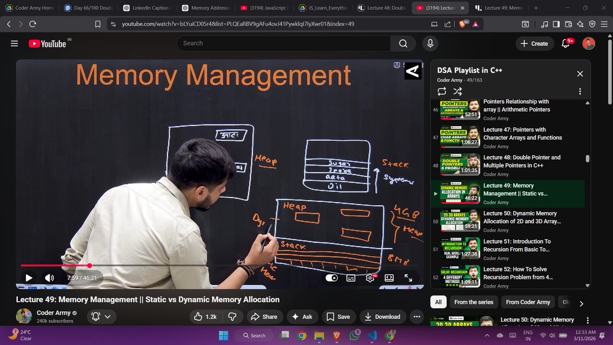 SkChaudhary45's tweet image. 🔥 Dual track mode ON!
🔷 C++ — Pointers, Stack vs Heap, Dynamic Memory    JS — Variables, Data Types revision
Thanks @rohit_negi9  sir for the great explanation! 
📝 Want beginner-friendly JS notes? Reply "Notes"!
#CPlusPlus #JavaScript #DSA #CodingJourney #100DaysOfCode