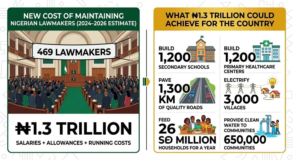 BigBen_VT's tweet photo. ₦1.3 TRILLION. 🤯
​That is the price tag for 469 lawmakers over 4 years.
​Look at what that money could do for our schools, roads, and healthcare instead. Is this the best "return on investment" for 200 million Nigerians?
​Discuss. 👇
​#Budget2026 #Nigeria #FixNigeria https://t.co/cov0GR7kRJ