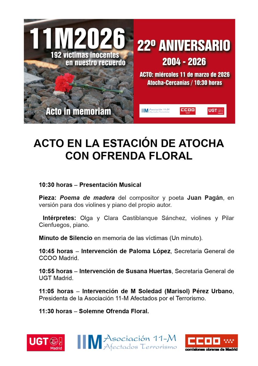 IUMadridRetiro's tweet photo. @asociacion11m El #11deMarzo tenemos 2 convocatorias en el distrito de #Retiro

🕐10.30h. Atocha-Renfe.
#11M con @ccoo @UGT_Comunica
y @asociacion11m

🕐13.30h. Téllez n° 30 (Pacífico) con  @AVPinosRetiro @JMDretiro

Como hace XXII años gritamos #Noalaguerra

#Memoria11M #NuncaOlvidamos
#Aznar https://t.co/N6P1lFQVoF