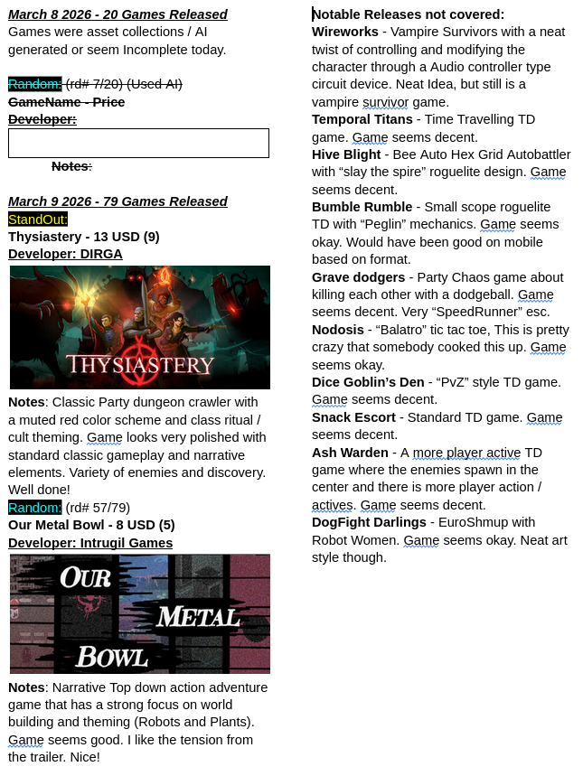 Looking over steam releases daily and giving surface level thoughts on game quality and ideas presented. I choose games that I find interesting. #gamedev #indiedev #steam

bsky.app/profile/retror…