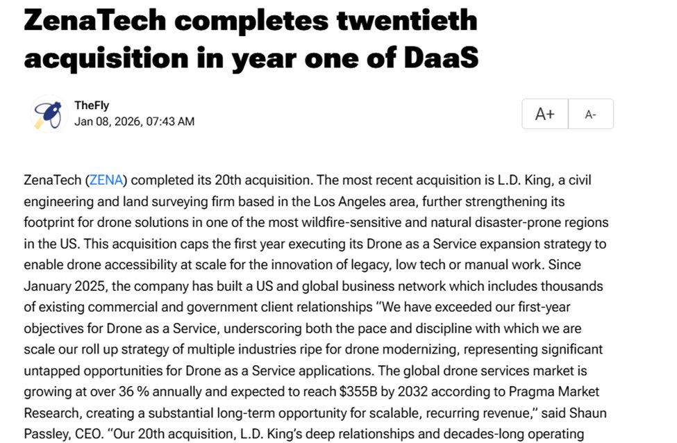 Turb0888's tweet image. #ADVERTISEMENT
$ZENA
The global drone services market is projected to reach approximately $355 billion by 2032 and $ZENA is rapidly expanding its Drone-as-a-Service (DaaS) business by acquiring drone service providers and integrating them into a single operational network. The