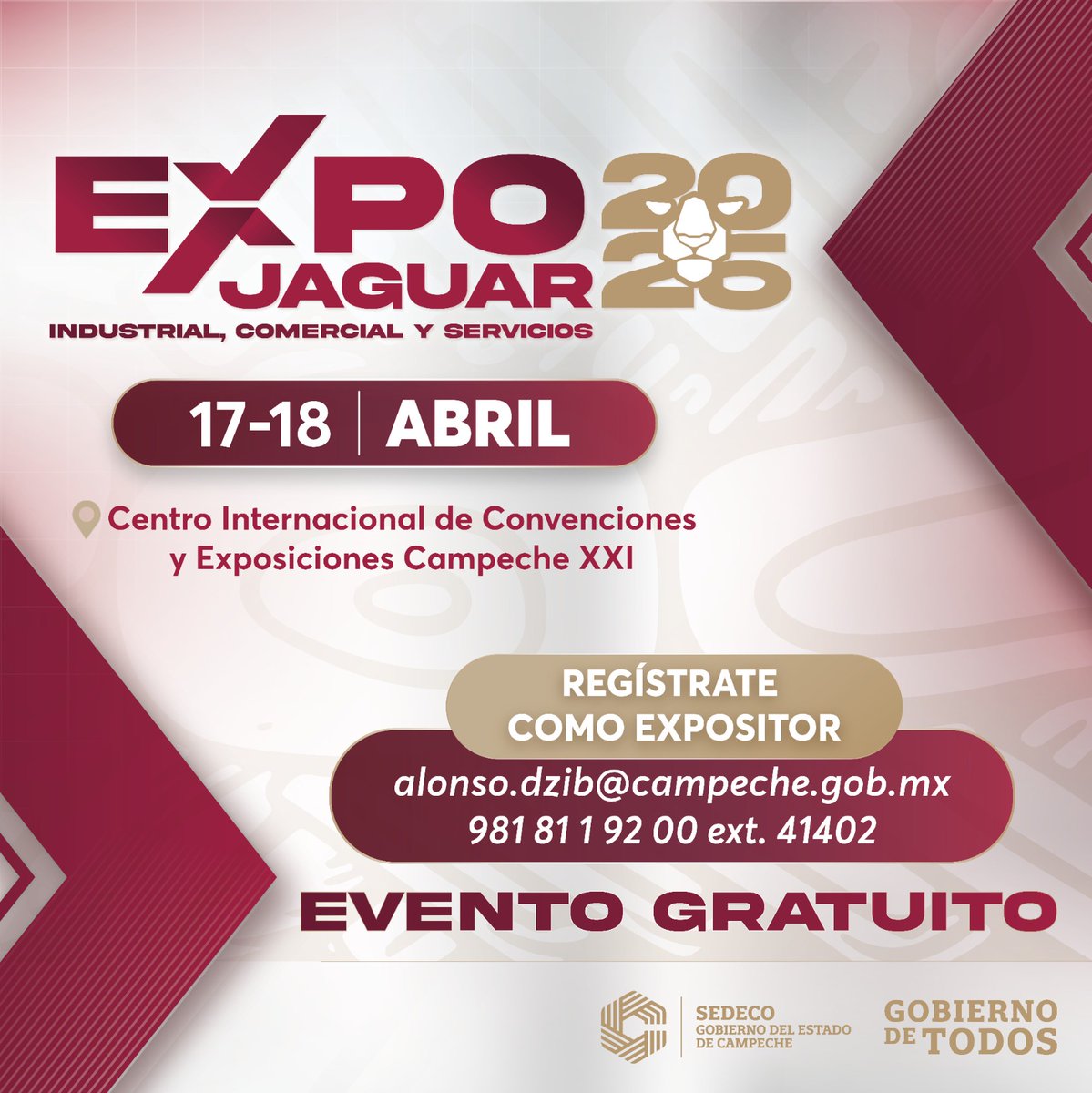 SEDECOCAMPECHE's tweet photo. Empresa Campechana: la SEDECO te invita a participar como expositor en la Expo Jaguar Industrial, Comercial y Servicios este 17 y 18 de abril ¡El espacio es totalmente gratuito!

Puedes realizar tu registro en el link: https://t.co/jiRh5lhIll https://t.co/1LRqxD5xhM