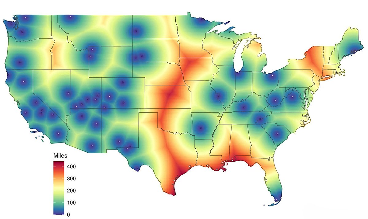 amazingmap's tweet photo. Distance to the nearest U.S. national park https://t.co/xm5rRuTX1F