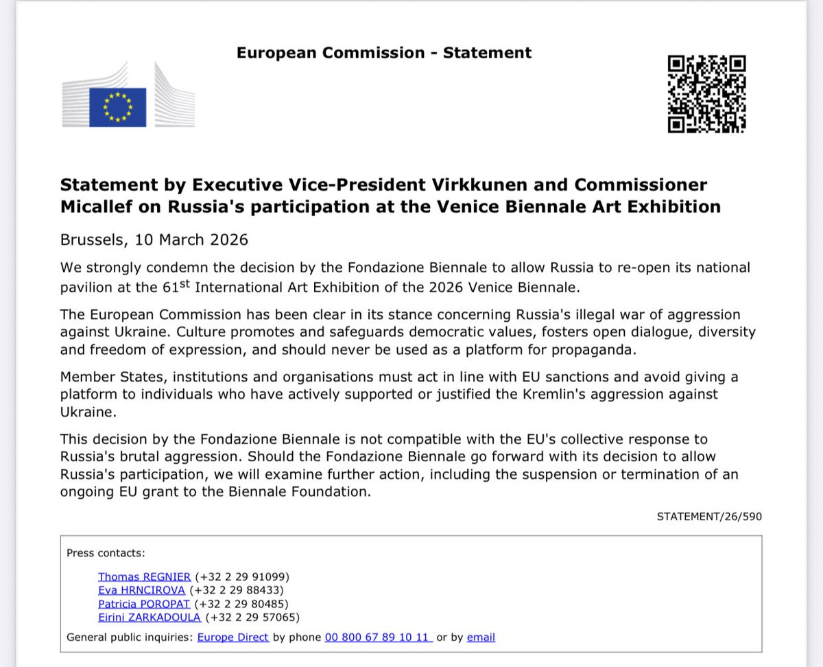 Vergognoso. L’UE ricatta la Biennale per la partecipazione della Russia e minaccia di sospendere l’erogazione di un grant. L’UE dovrebbe lasciare in pace cultura e mondo scientifico, e anche scomparire asap.