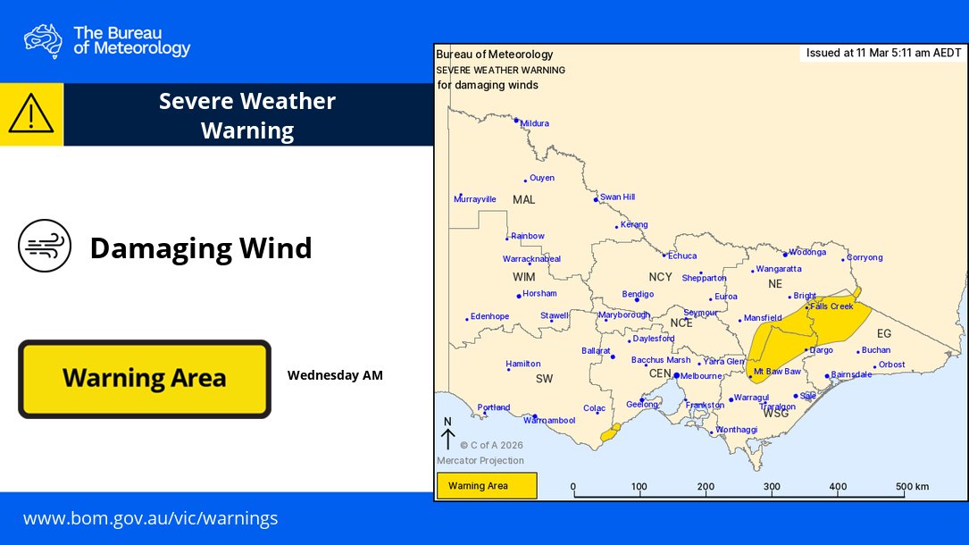 BOM_Vic's tweet photo. ⚠️🌬️Severe Weather Warning
Damaging winds possible about the Otways and eastern elevated areas this morning.
May affect #Lorne, #FallsCreek, #MtBawBaw, #MtHotham, #MtBuller.
https://t.co/MHMWcT3TtW https://t.co/Lv0hcVjb0s