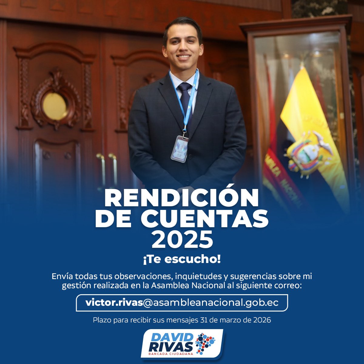 ¡Rendición de Cuentas 2025!

Como asambleísta, mi compromiso es trabajar con transparencia y escuchar siempre a la ciudadanía.
Por eso, abro este espacio para recibir todas tus observaciones, inquietudes y sugerencias sobre la gestión que he realizado en la Asamblea Nacional.

📩