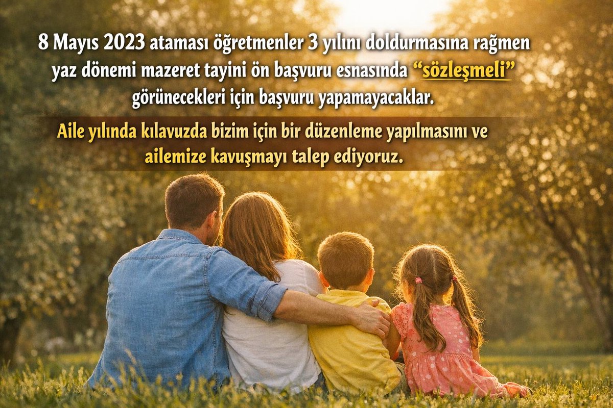 <a href="/leventkuruoglu/">Levent Kuruoğlu</a> 3 yılı doldurduk. Sadece “SÖZLEŞMELİ” öğretmeniz diye mazeret tayini yapamıyoruz. Biz ayrıcalık istemiyoruz. Görev süremizi tamamlıyoruz. Unvan farklılığından dolayı ailelerimizden ayrı kalmak istemiyoruz. 
#2023EylülAtamasıAileBirliği 
<a href="/RTErdogan/">Recep Tayyip Erdoğan</a> <a href="/Yusuf__Tekin/">Yusuf Tekin</a> <a href="/talatyavuz29/">Talat YAVUZ</a>