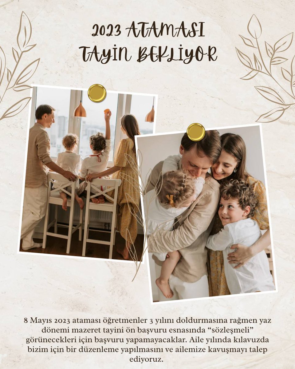 <a href="/leventkuruoglu/">Levent Kuruoğlu</a> 3 yılı doldurduk. Sadece “SÖZLEŞMELİ” öğretmeniz diye mazeret tayini yapamıyoruz. Biz ayrıcalık istemiyoruz. Görev süremizi tamamlıyoruz. Unvan farklılığından dolayı ailelerimizden ayrı kalmak istemiyoruz. 
#2023EylülAtamasıAileBirliği 
<a href="/RTErdogan/">Recep Tayyip Erdoğan</a> <a href="/Yusuf__Tekin/">Yusuf Tekin</a> <a href="/talatyavuz29/">Talat YAVUZ</a>