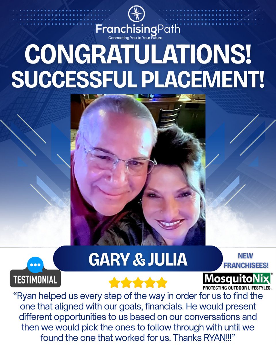 RealRyanPerry's tweet photo. Gary and his wife, Julia, were looking for a business that was sustainable, required a small team, and offered a product they truly believed in.

I’m glad I was able to help you find the right franchise opportunity. Excited to see the success ahead for both of you. 🚀 https://t.co/jk8Dmao8DX