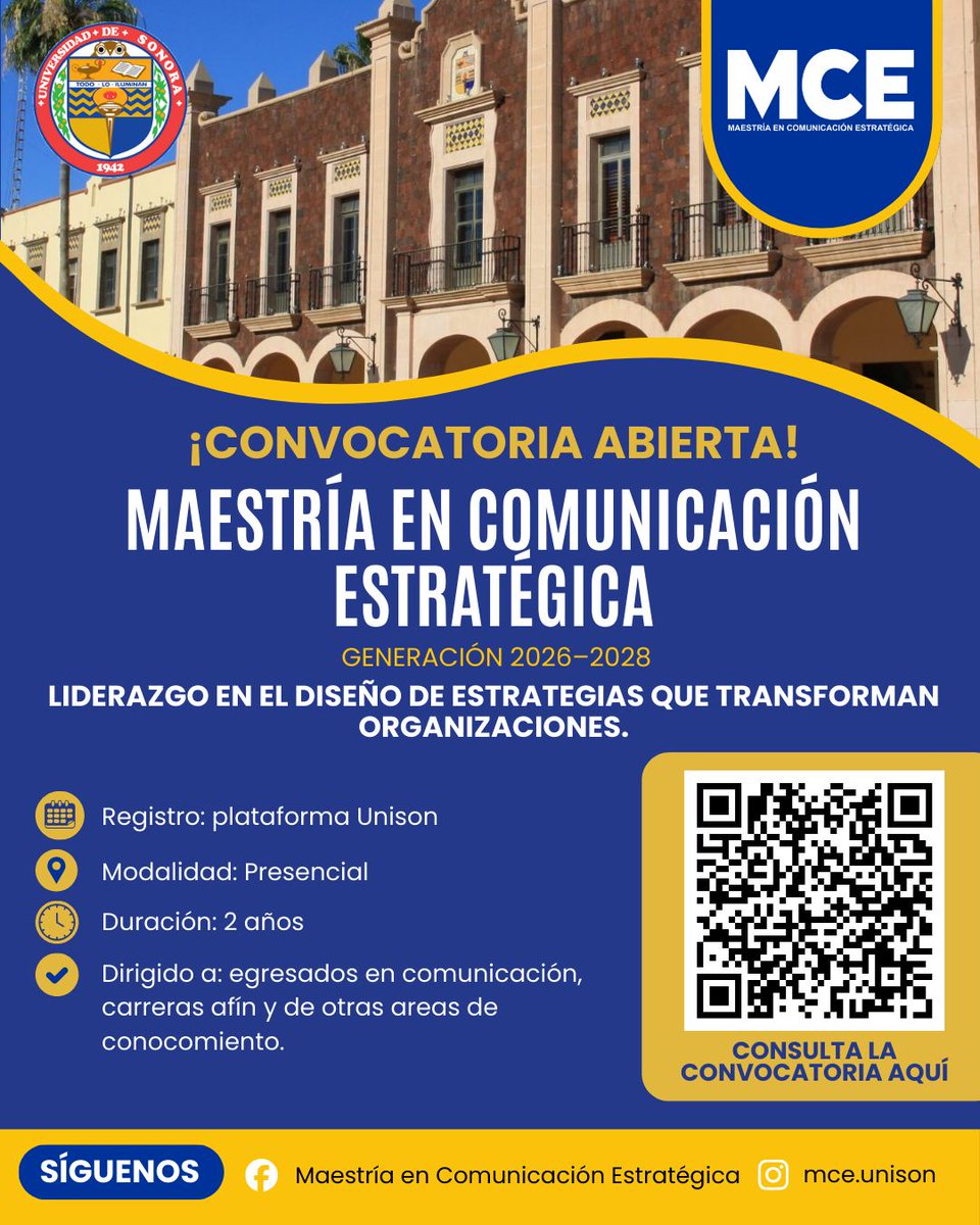 ¿Te interesan adquirir conocimientos para la gestión de la comunicación en empresas, instituciones y organizaciones? Estudia la Maestría en Comunicación Estratégica <a href="/SoyUnison/">Soy Unison</a> . Fecha límite recepción de documentos: 22 mayo 2026. Mayores informes: …triacomunicacionestrategica.unison.mx