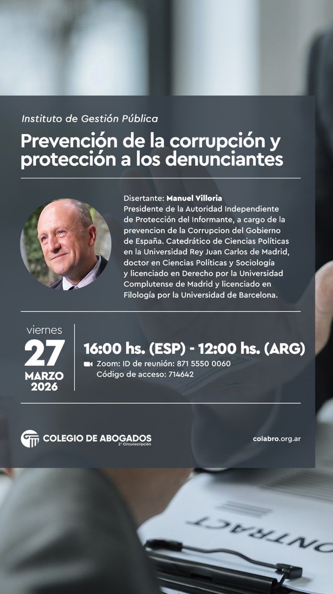 La lucha contra la corrupción también requiere proteger a quienes se animan a denunciar.
Conversaremos con <a href="/MANUELVILLORIA1/">MANUEL VILLORIA</a>, presidente de la Autoridad Independiente de Protección del Informante de España.
Inscripción 👇
forms.gle/d1X6KDCxmks9ca…