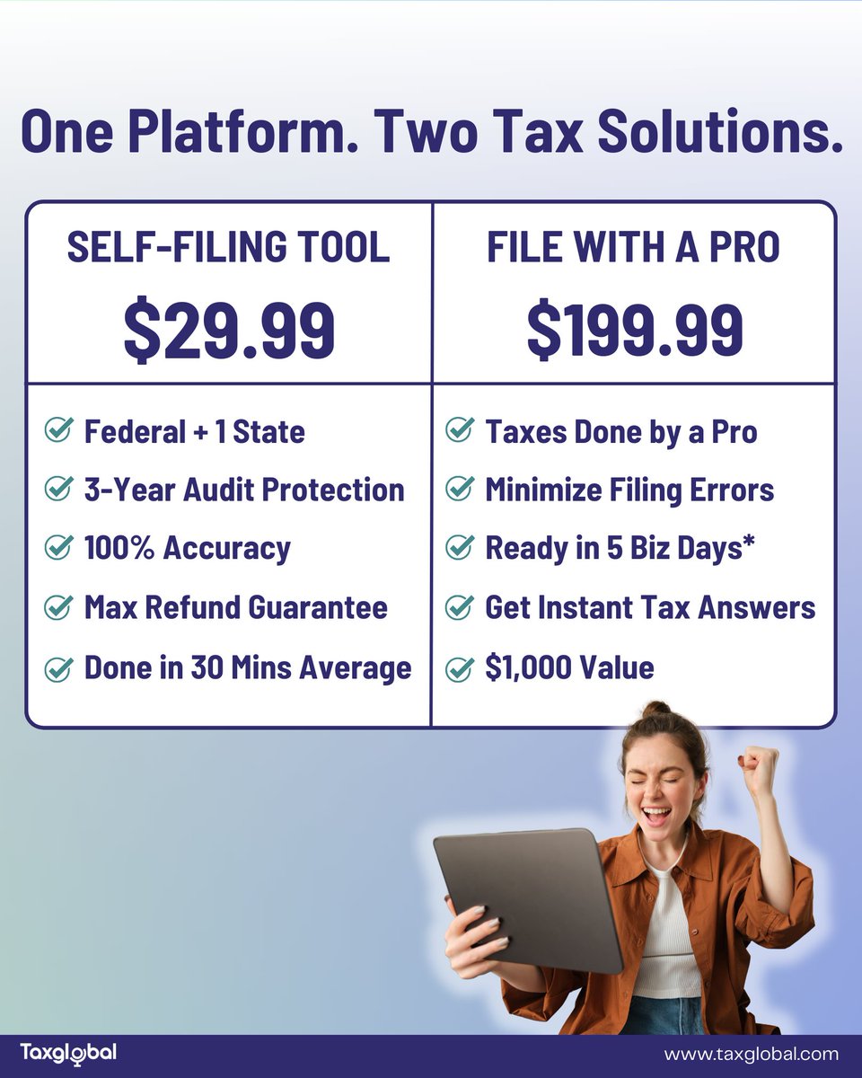 TaxGlobal_'s tweet photo. Taxes arenโt one-size-fits-all... and neither is TaxGlobal. No matter your tax situation, our platform offers a solution that works for you.
Two options. One platform built for every taxpayer. โก๏ธ https://t.co/48bpPNCOMF
#TaxPrep #TaxTwitter #PersonalTaxes #eFile #2025Taxes https://t.co/ql38g9e6Fr