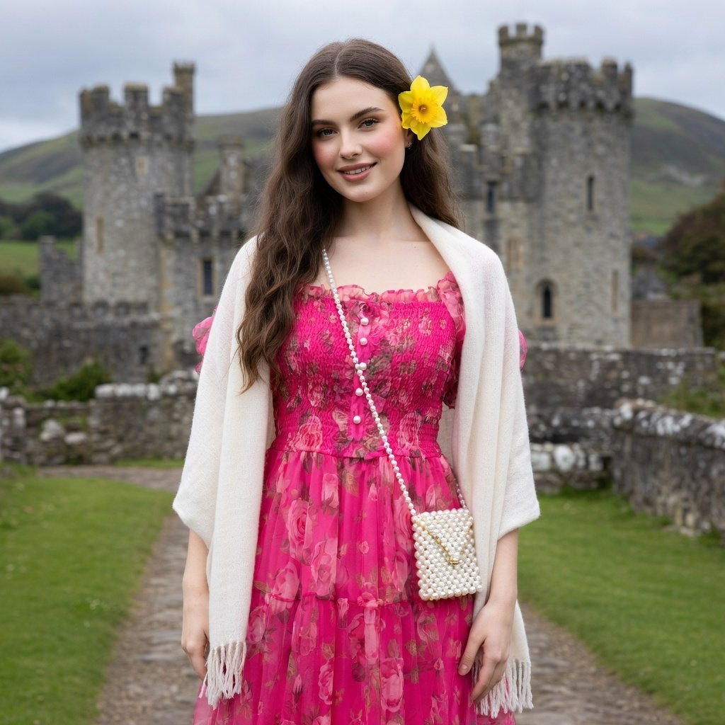 merchedbeca's tweet image. Bold Welsh fire in hot pink rebellion  Our rose—off-shoulder romance, flowing tiers of sheer power. White shawl draped, daffodil claiming your crown. Bloom fierce in the castle shadows. Wear Your Heritage, Own Your Power! merchedbeca.com #MerchedBeca #SpringRebellion