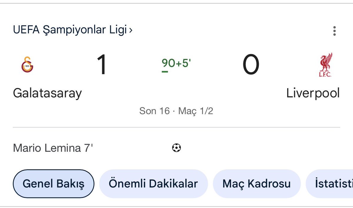 Galatasaray, UEFA Şampiyonlar Ligi Son 16 Turu ilk maçında Liverpool’u evinde 1-0 mağlup etti! nethaberler.com/haber-galatasa…