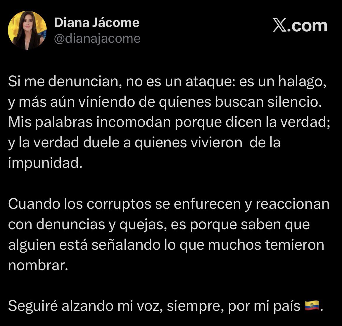 ‼️#URGENTE
La legisladora Diana Jácome afirmó que continuará pronunciándose pese a las denuncias en su contra y sostuvo que las críticas a sus declaraciones provienen de quienes, según dijo, buscan silenciarla.