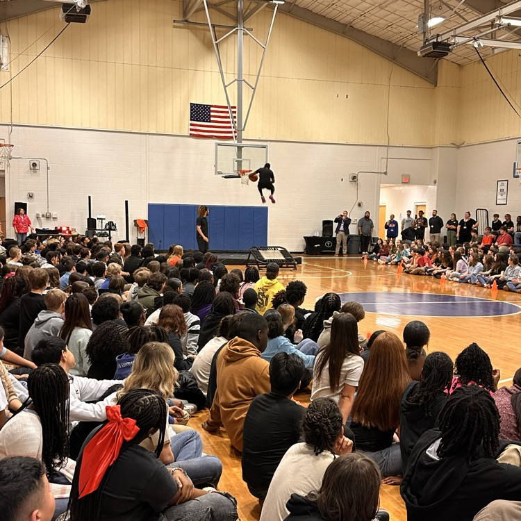 WFBRams's tweet photo. Air Elite visited WFB this morning to bring some ACAP motivation! We had a great time and are ready to take on that test! 🧡💙🏀 https://t.co/m9fO6MbE63