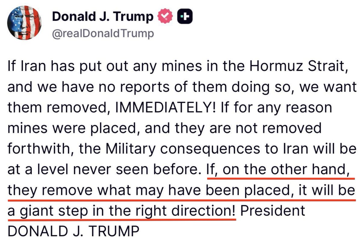 BREAKING:  Trump is absolutely panicking over Iran apparently placing mines in the Strait of Hormuz.  

If this is True it would be an absolute catastrophe for the global oil market, and Trump would be blamed for it.

Trump is a Panican.  

Democrats warned him that this could