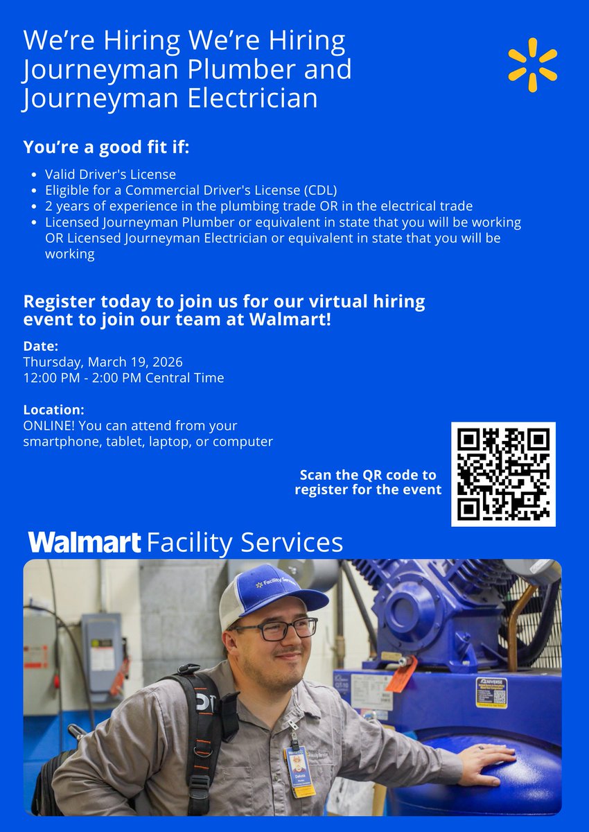 WalmartHiring's tweet photo. We have a Journeyman Plumber and Journeyman Electrician virtual hiring event for Walmart coming up soon!

Learn more and register here: 
https://t.co/5XWp67dCsb

#hiring #jobsearch #newopportunities #careersatwalmart https://t.co/GUaq44jMdR