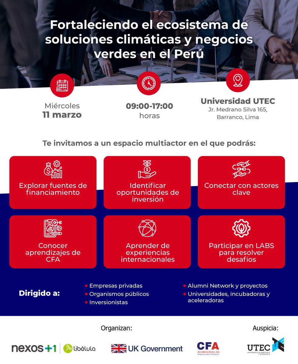 ¡Mañana! 🌱 Conecta con inversionistas, empresas y líderes que están impulsando soluciones climáticas en el Perú. 

📅 11/03 📍 UTEC, Barranco 
🔗 Inscríbete aquí: tinyurl.com/cfa11mar