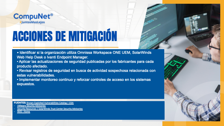 CompunetChile's tweet photo. 🚨 Alerta de Ciberseguridad
La Cybersecurity and Infrastructure Security Agency (CISA) detecta explotación activa de vulnerabilidades en:
• Omnissa Workspace ONE UEM
• SolarWinds Web Help Desk
• Ivanti Endpoint Manager
Se recomienda aplicar parches y revisar actividad https://t.co/6wJQRozfSc