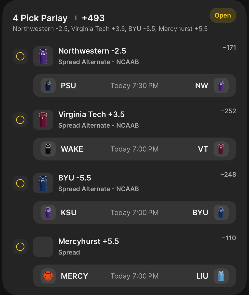🏀CBB PARLAY🏀
March Madness action💥 

COLLAB with <a href="/Venz_BullyBets/">Venz and Bully Bets</a> , 
Trying some new good things for everyone to get rolling🍀

- BYU -5.5 
- Mercyhurst +5.5
- Virginia Tech +3.5
- Northwestern -2.5

Shoutout again to <a href="/Venz_BullyBets/">Venz and Bully Bets</a> , he’s getting some attention over there!