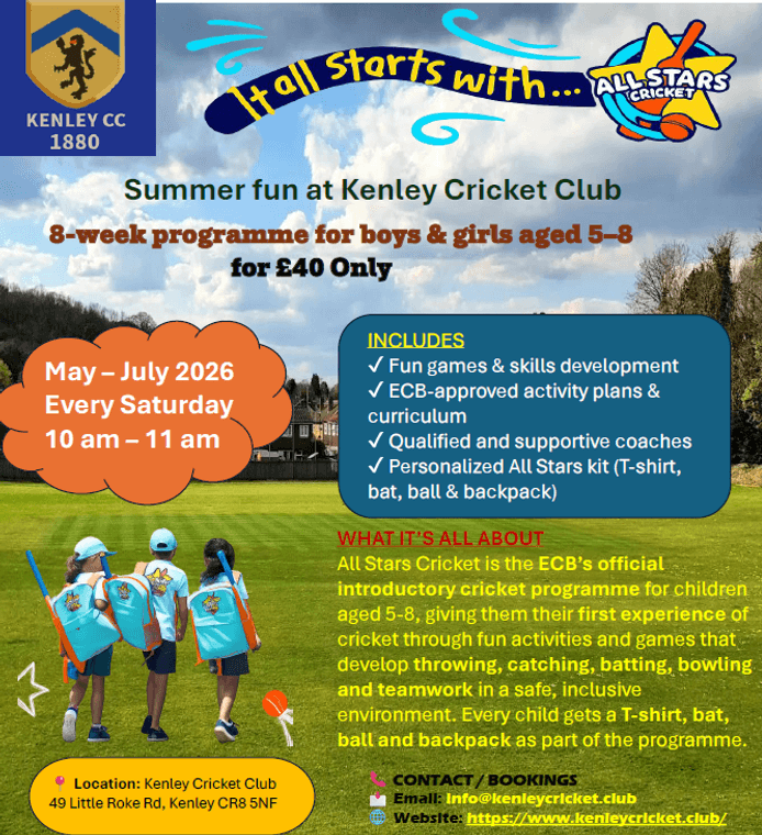 Kenleycricket's tweet photo. Kenley CC All Star cricket now available to book #Pitchero
https://t.co/ddliVpdMSp https://t.co/VGVfb2DGAn