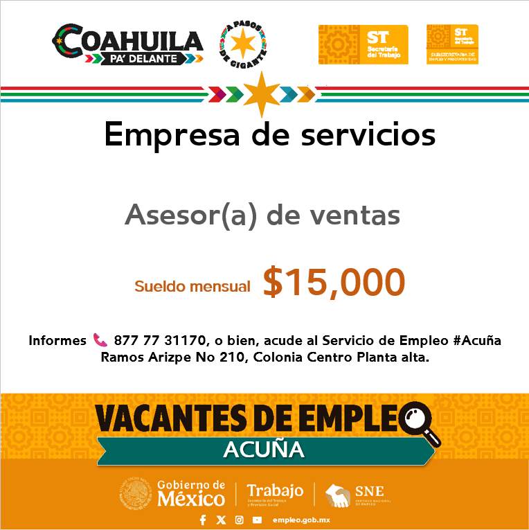 SNEACUNA's tweet photo. ¡Vacante de empleo en  #Acuña!    
 
📍 Servicio de Empleo #Acuña
📌Dirección: Ramos Arizpe N° 210, esquina con calle Lerdo, planta alta, Col Centro
📞Informes: 877 77 3 11 70

Contáctanos hoy mismo.  
#CoahuilaPaDelante #APasosDeGigante #SNEparaTodo https://t.co/EwRNOyvpvp