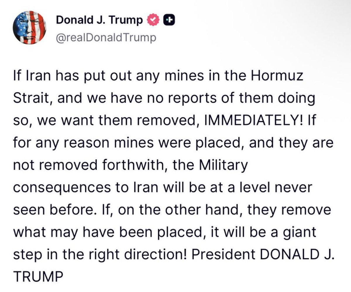 AlertaNews24's tweet photo. 🇺🇸🇮🇷 | AHORA: El presidente estadounidense, Donald Trump, afirma que no tienen informes de que Irán haya desplegado minas navales en el estrecho de Ormuz, pero afirma que, de ser así, las quieren retirar "¡INMEDIATAMENTE!". Trump afirma que, si no se retiran, "las consecuencias militares para Irán serán inauditas". Y si se retiran, "¡será un gran paso en la dirección correcta!".