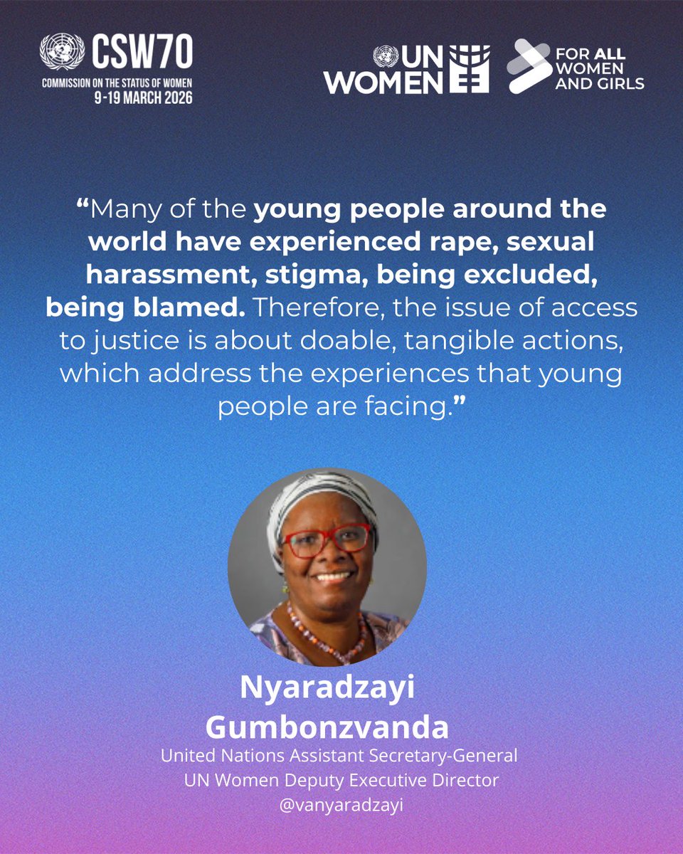 UNWOMEN4Youth's tweet photo. @felipepaullier @UN4Youth @FAO @YoungVoicesCSW @UNFPAyouth @UNOPS Too many young people experience violence, stigma, and exclusion.

Access to justice must mean real, tangible action that responds to their lived realities, as stated by @vanyaradzayi at the #CSW70 Youth Forum. https://t.co/PaRp1W1dAr