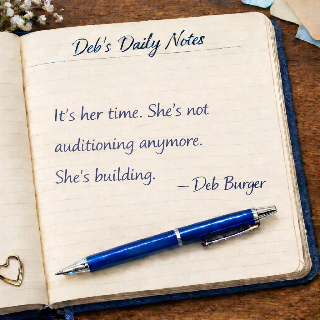 DebBurgerSold's tweet photo. Deb’s Daily Notes:
It’s her time. She’s not auditioning anymore. 
She’s building.
What are you done auditioning for: approval, permission, validation, or perfection? https://t.co/YE7v91jYLf