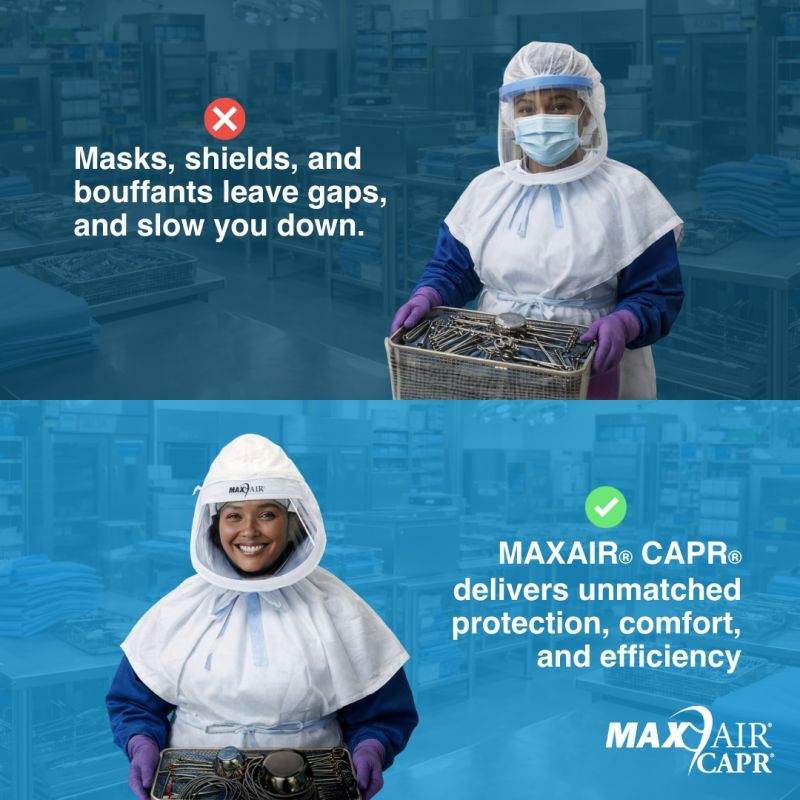 maxairsystems's tweet photo. Most SPD techs don't wear PAPRs, because most PAPRs weren't built for sterile processing.

MAXAIR® CAPR® is different. No hose. No blower pack. 

Just streamlined protection with full splash coverage and easy, independent donning.

Rethink what a PAPR can look like, for SPD.

🔗 https://t.co/n9vFv4wS1A

hashtag#CAPR hashtag#PPE hashtag#SterileProcessing