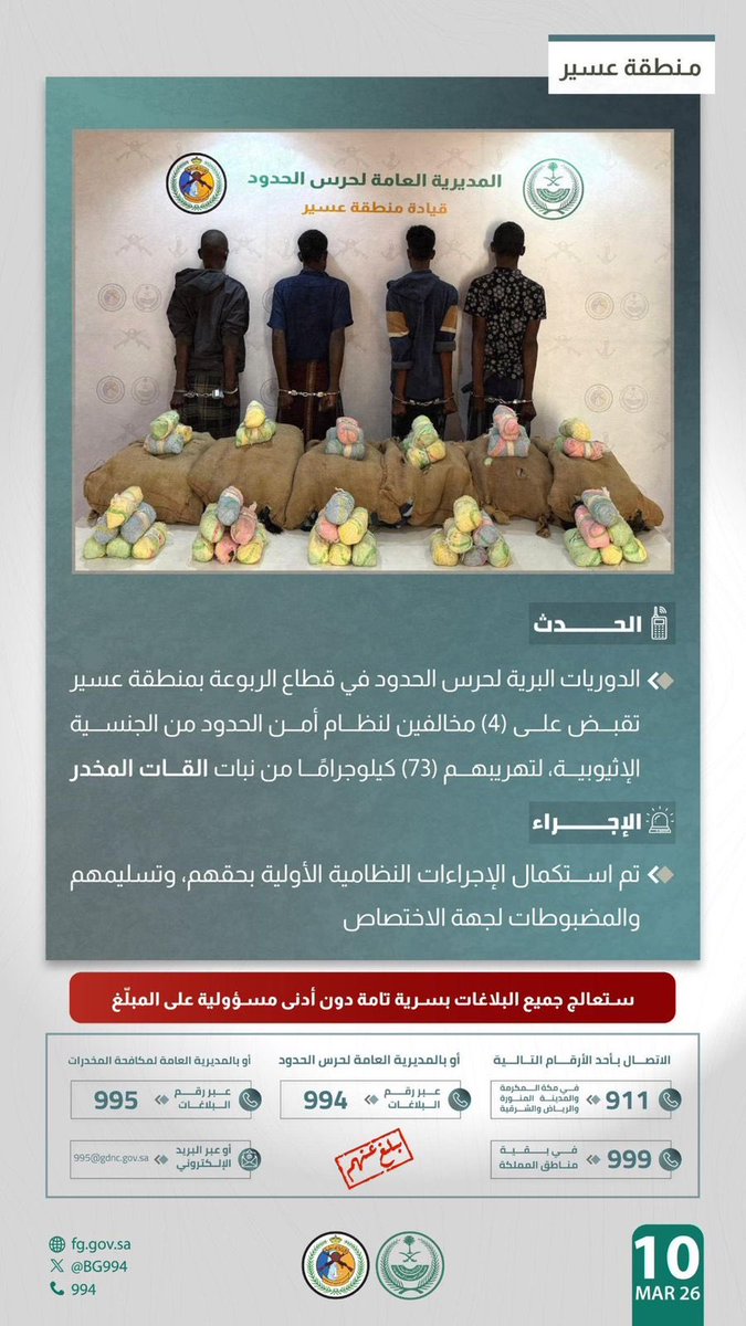 القبض على 4 إثيوبيين في عسير: تفاصيل العملية الأمنية