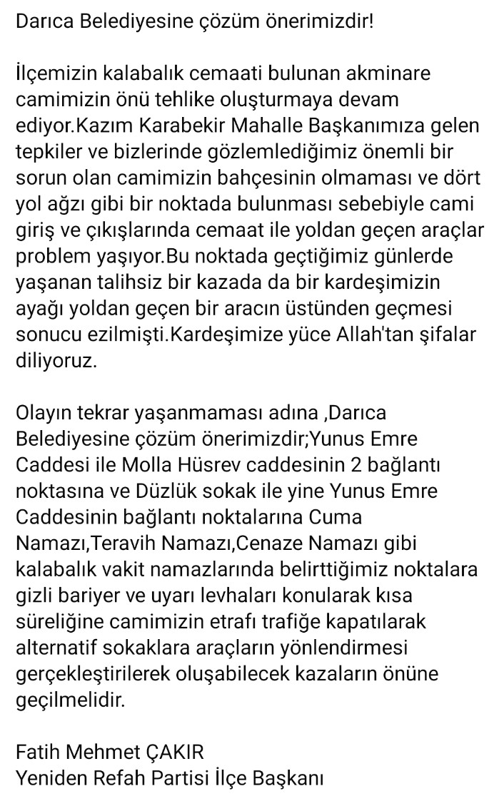 Darıca Belediyesine Çözüm Önerimizdir!