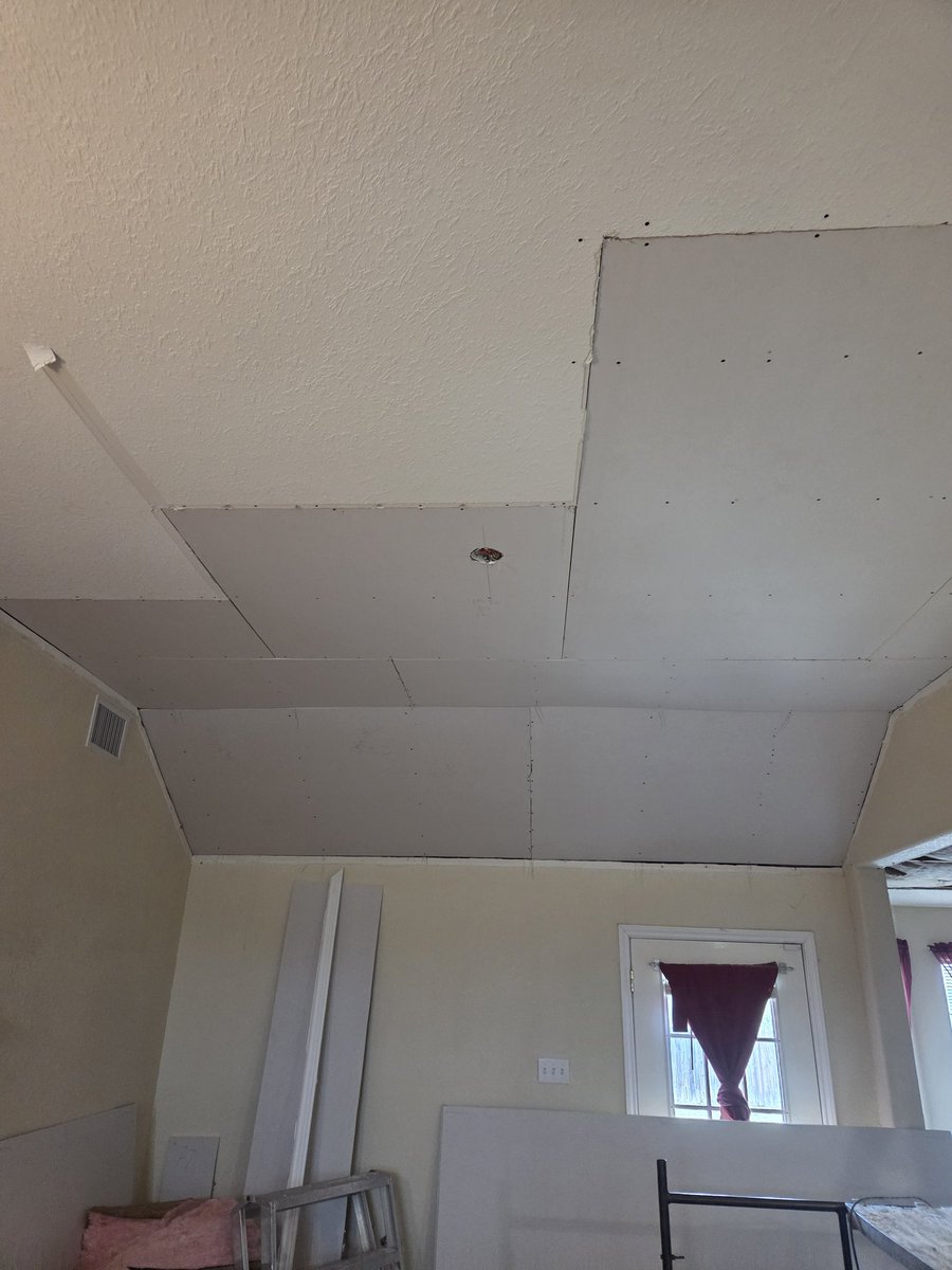 Good afternoon work continues,  installing new insulation and  sheetrock and tape and float. Texture and paint