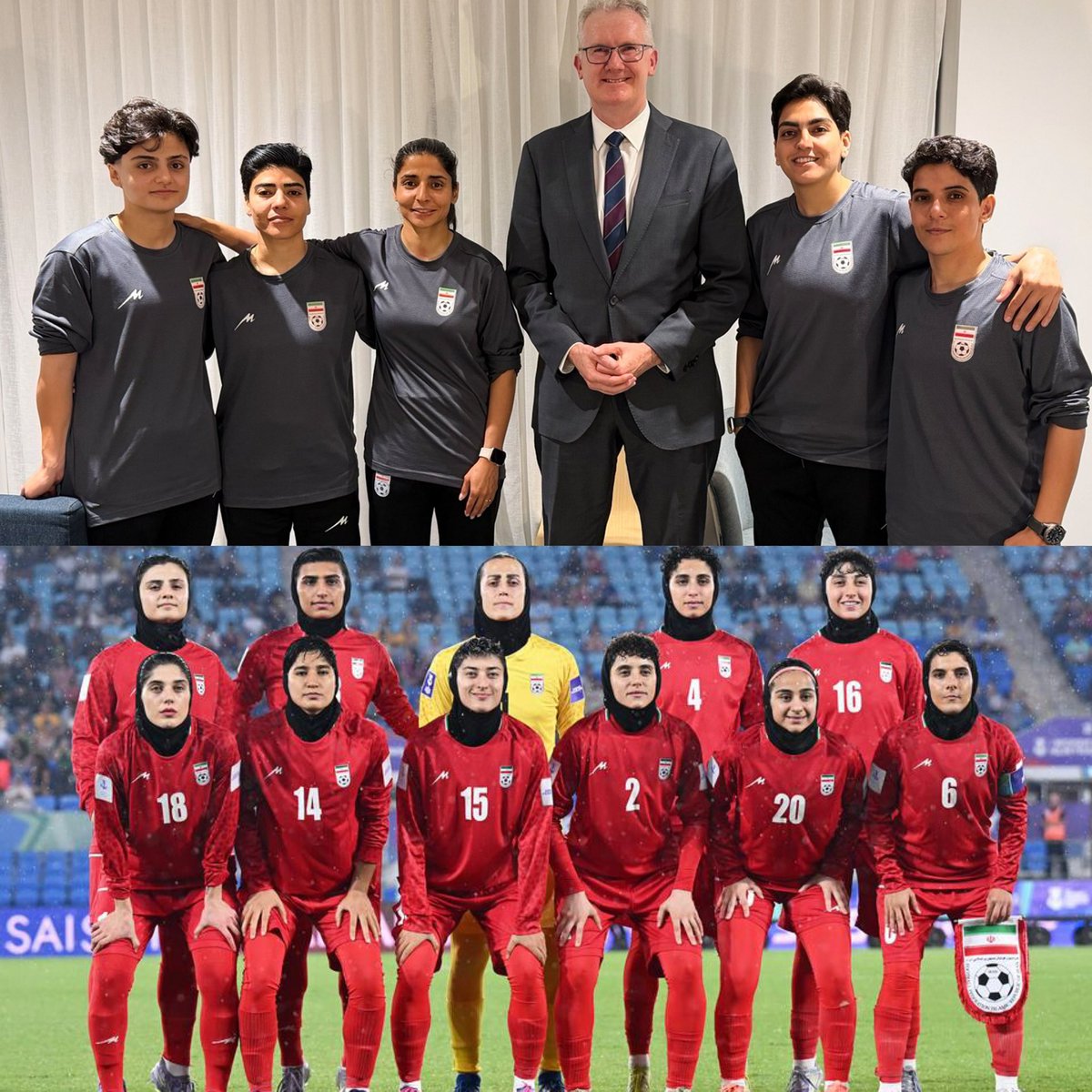 Australia. Le 5 calciatrici della nazionale iraniana, fuggite dall’hotel dove si trovavano insieme al resto della squadra, posano sorridenti accanto al ministro degli affari interni  australiano Tony Burke. Le atlete hanno  appena ottenuto l’asilo. E guardate un po’, da donne in