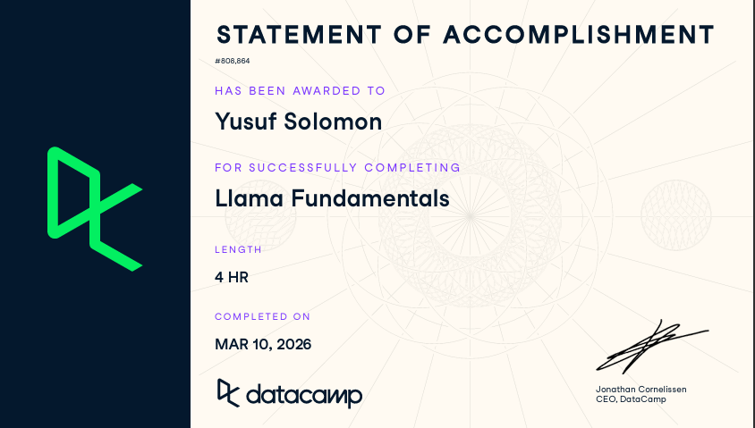 I_BadaSZ's tweet photo. Day 30 of #30DaysOfDataChallenge
Completed the Llama fundamentals track
I did the classifying emails with llama project and the Llama fine-tuning course too
This is the last day of the challenge and i enjoyed it.
@DataCampDonates
@DataFestAfrica
#DCA #DCDonates https://t.co/Mzuf75ebJy