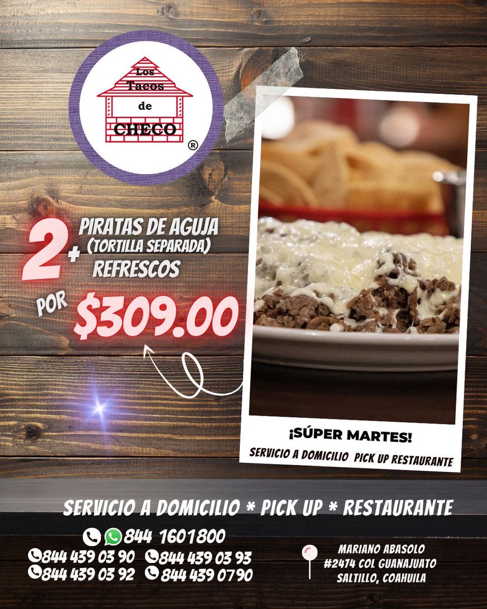 Hoy #FelizMartes, a partir de las 6:00 p.m. 🕕 pide tu promoción de #SúperMartes con 2 piratas de aguja y 2 refrescos a un súper precio. 🤩

WhatsApp 📲 8441601800 

Tenemos #ServicioADomicilio 🚕, #PickUP y #Restaurante. 🍽 

¡Les esperamos! 😋

#Saltillo